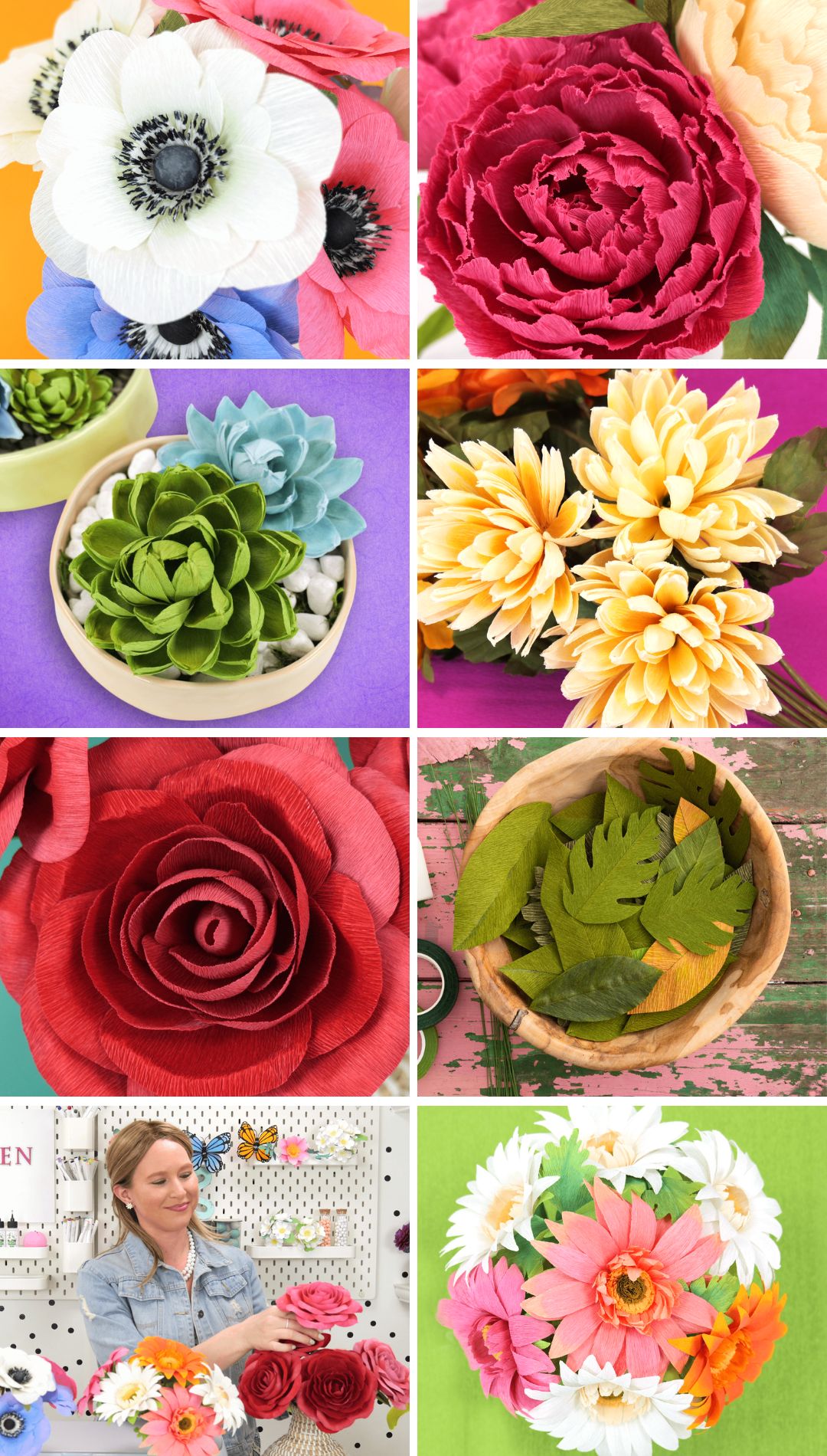 collage of colorful crepe paper flowers
